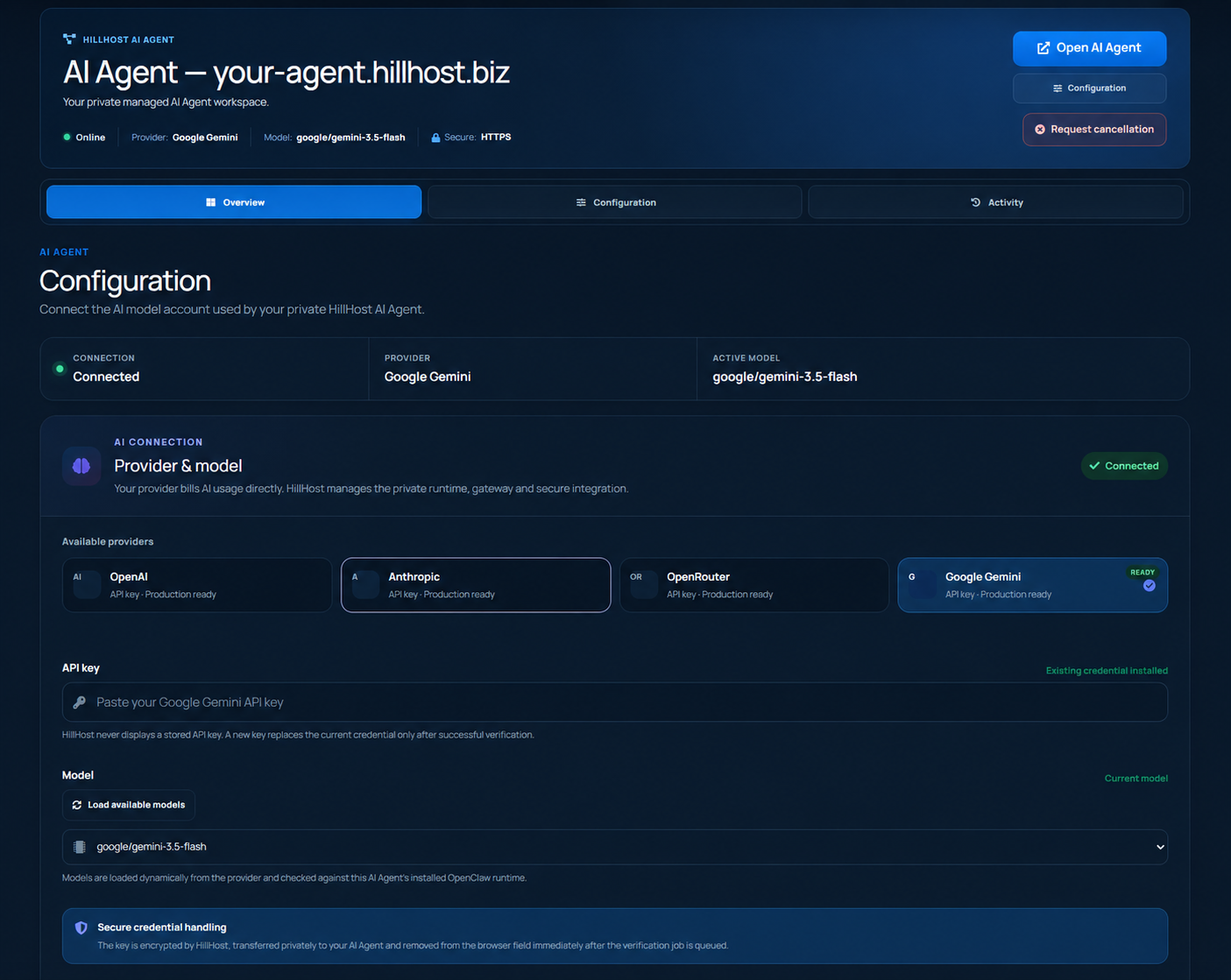 HillHost managed AI Agent dashboard